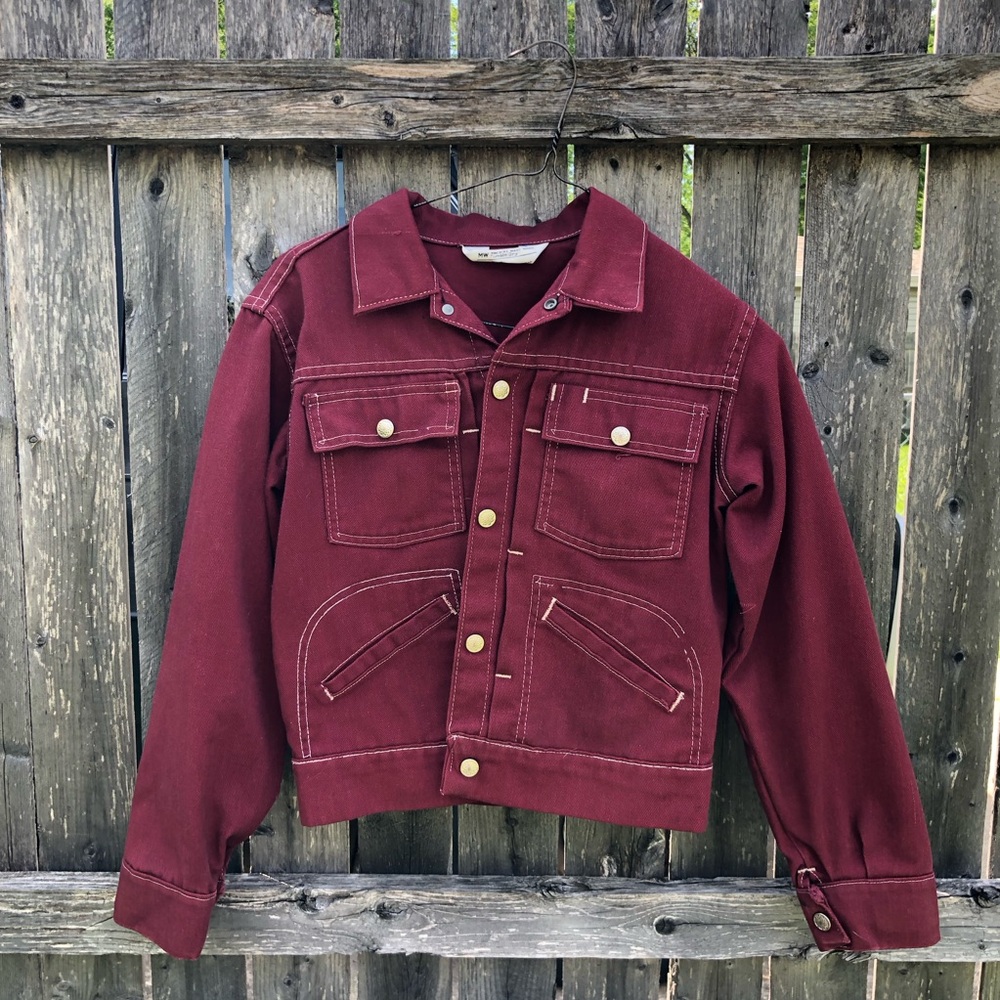 Vintage 60s 70s jcpenney burgundy Work Jacket with white Stitching